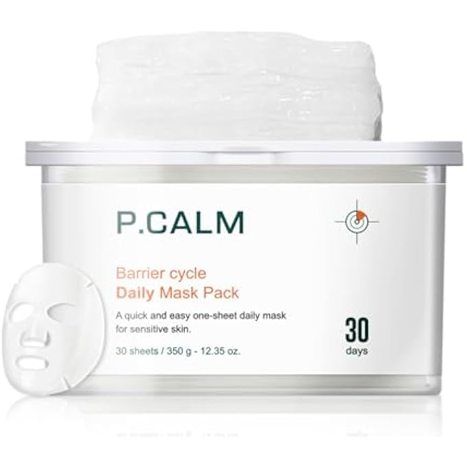P.CALM BARRIER CYCLE DAILY SHEET MASK PACK 30 DAYS | KOREAN NON COMEDOGENIC DAILY MOISTURIZING TREATMENT SHEET MASK FOR SENSITIVE SKIN | VEGAN CRUELTY FREE - Image 1